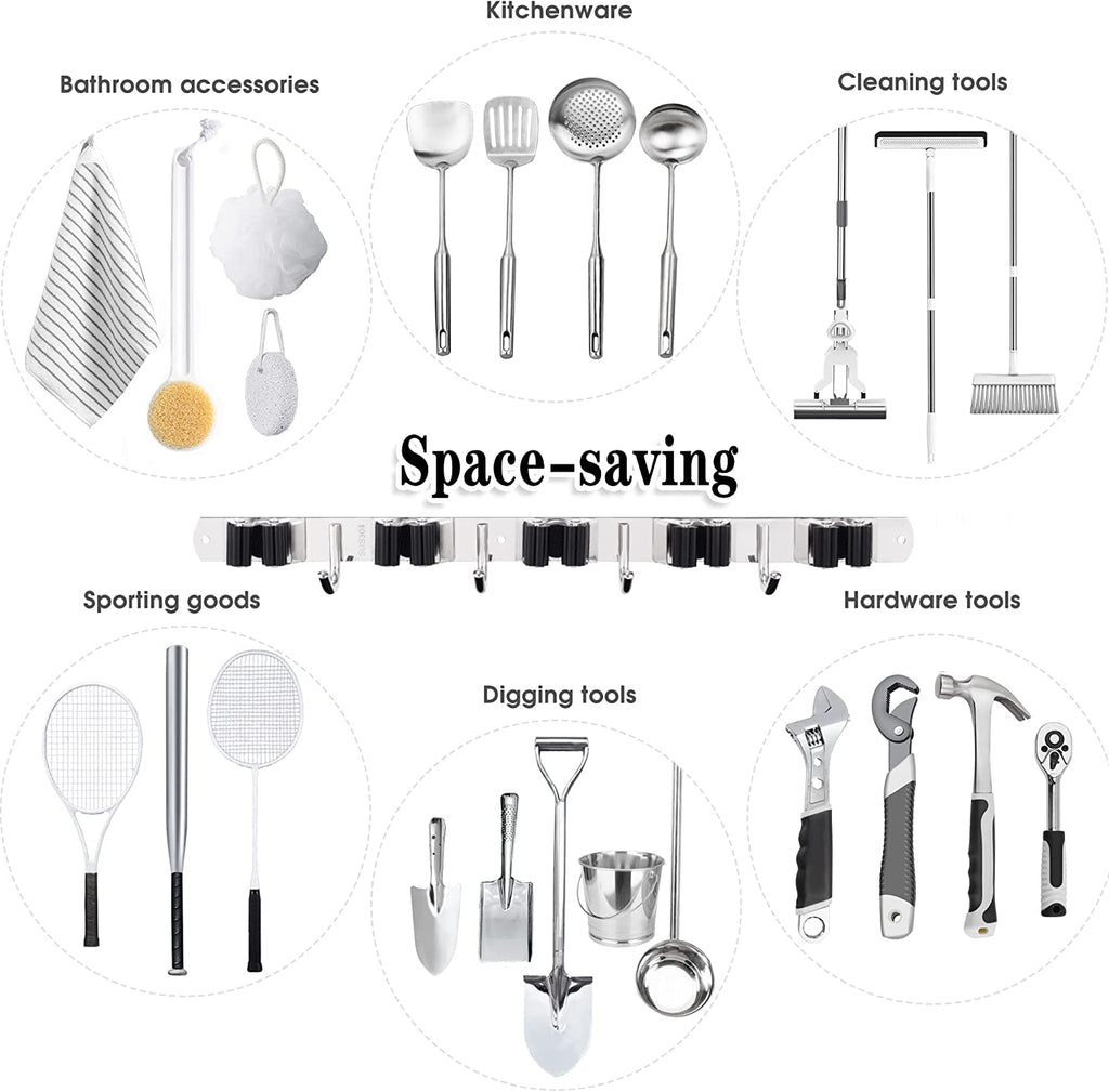 5 Holders+4 Hooks Broom Holder Wall Mounted with Nails Installation, Heavy Duty Stainless Steel Mop Holder, Brush Mop and Broom Storage Self Adhesive